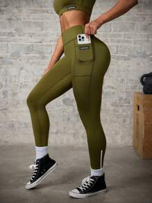 Easithlete Easithlete Leggings deportivos de cintura alta con bolsillos, de tela tipo toalla en unicolor para mujer - Verde militar - Ver 1