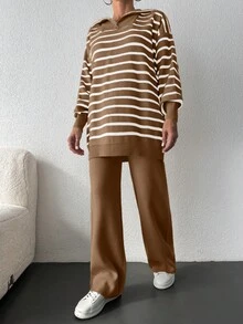 EURMUSE 女士半拉鍊條紋針織衫和針織褲二件套裝 - 米色 - 查看 7