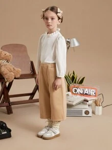 PrepCrw 年轻女孩学院风卡其色针织宽松抽绳腰部羊毛连帽衫和裤子套装，运动休闲 - 杏色 - 查看 6