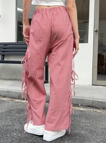 INAWLY Women's Elastic Waist Plaid Side Tie Loose Casual Wide Leg Pants