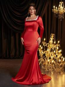 Glamrae Vestido de noche formal de talla grande, elegante y lujoso, con escote cuadrado sexy, top con bordado de cadena, copa del busto de satén, falda con cola de pez y caída