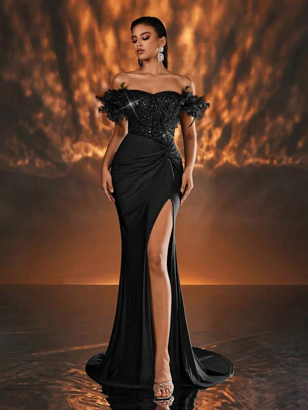 Glamrae Elegant Luxurious Black Off Shoulder Fluffy Sleeve Sheer Sequin Patchwork Stretch Dress With High Slit Fishtail Hem Dress, Suitable For Weddings, Parties, Graduations, Galas - Heavy-Duty Design (Feathered Sleeve Cuffs), Formal Evening Prom Dress, For Wedding Guest, Dinner, Party Dress,Gown