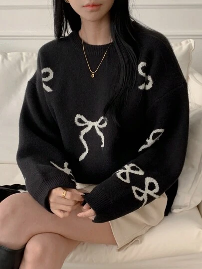 DAZY Women Casual Daily Fashion Round Neck Dropped Shoulder Loose Bow Pattern Pullover Sweater,Long Sleeve Tops,Fall Clothes