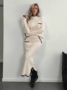SHEIN Clasi 2 件套女士休闲纯色立领长袖衬衫和 A 字裙套装 - 白色 - 查看 4