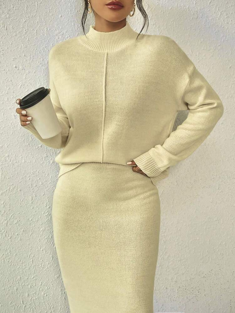 Mock Neck Drop Shoulder Sweater & Knit Skirt