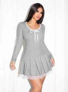 Zolique 女装 2024 秋季新款年轻性感甜美时尚蕾丝边 U 领蝴蝶结褶边连衣裙 - 灰色 - 查看 1