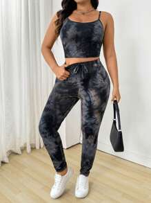 SHEIN EZwear 大码 2 件套扎染吊带背心上衣和裤子，随机扎染图案，适合夏季 - 黑色 - 查看 5