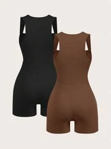SHEIN BASICS 2 件套休闲纯色针织修身连体裤无袖女款 - 棕色 - 查看 2