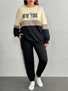 SHEIN LUNE 2 sztuki/zestaw Okrągły dekolt Długi rękaw Gładki Patchwork Nadruk liter Minimalistyczny zestaw topów i spodni