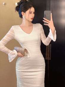 DAZY V-Neck Lace Mermaid Midi Dress For Women,Ruffle,Fall Clothes Long Sleeve Dress