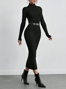 SHEIN Tall 女式高领长袖毛衣裙 - 黑色 - 查看 4