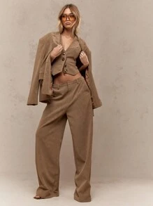 MISSGUIDED Suede Finish Tailored Wide Leg Pants Office Wear - Brown - View 3
