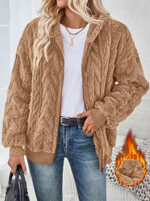 SHEIN LUNE 1 chiếc áo khoác dài tay có mũ trùm đầu màu xám có họa tiết lông mịn có khóa kéo - màu nâu - Xem 6