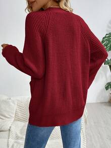 SHEIN LUNE V 领纽扣前口袋女式休闲日常针织开衫 - 紅色 - 查看 2