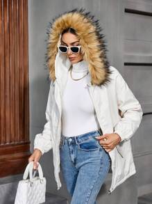 Women Mother Hooded Parka Coat, Thermal Lined Warm Outdoor Casual Jacket With Pockets, Autumn/Winter - Khaki - View 6
