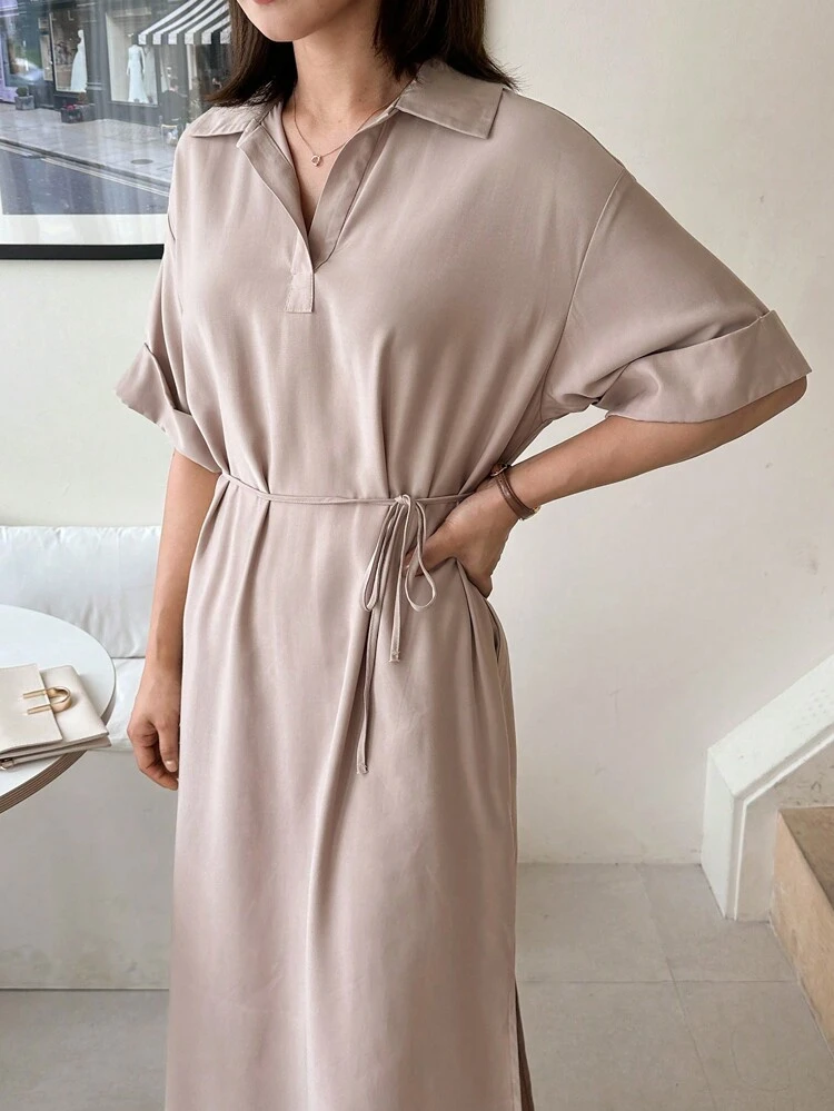 Women's Belted Long Dress Sundress Shirt Dress