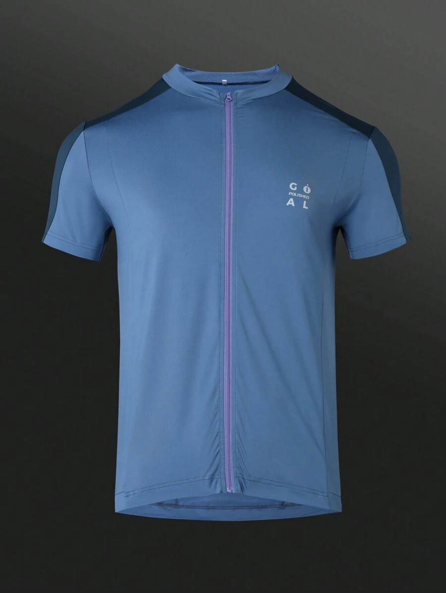 Manfinity Sport Corelite Solid Color Patchwork Front Zipper Short Sleeve Letter Print Casual Cycling Top