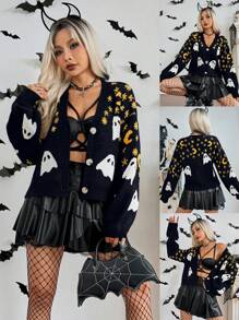 Chiquease Áo len cardigan dài tay cổ chữ V cài nút phía trước dành cho nữ, họa tiết ma và mặt trăng chủ đề Halloween, họa tiết ngôi sao - Nhiều màu - Xem 1