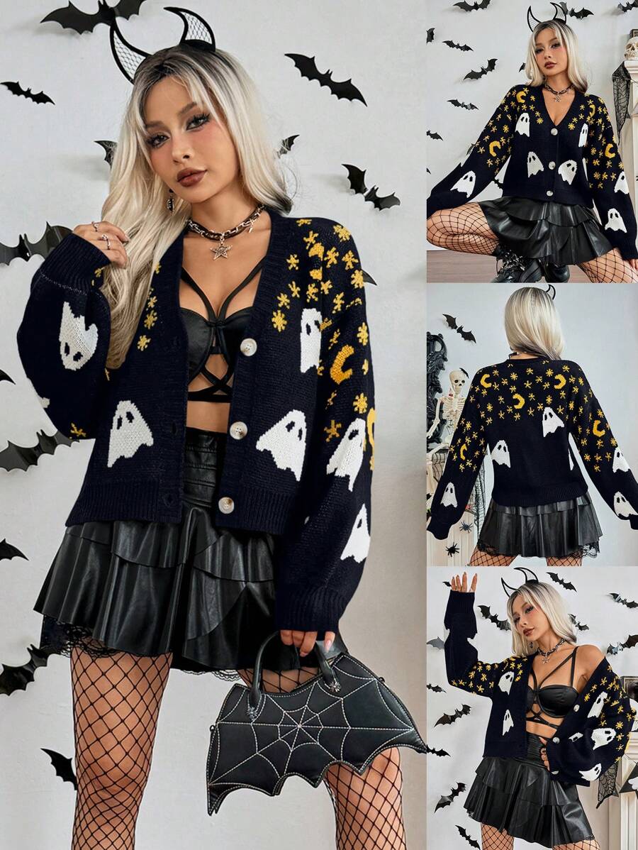 Chiquease Áo len cardigan dài tay cổ chữ V cài nút phía trước dành cho nữ, họa tiết ma và mặt trăng chủ đề Halloween, họa tiết ngôi sao - Nhiều màu - Xem 1