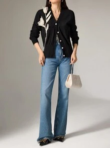 Seusyu 1pc Women Front Button Decor Long Sleeve Floral Top, Casual Daily Wear - Black - View 2