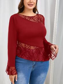 SHEIN Frenchy Plus Size Asymmetrical T-Shirt With French Minimalist Lace Patchwork, Black