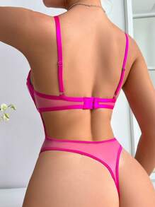 Romantic Embroidered Spaghetti Strap Sexy Bodysuit Lingerie For Going Out - Hot Pink - View 2