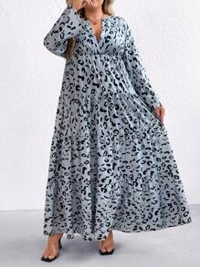 SHEIN LUNE Váy tay loe cổ chữ V họa tiết da báo thanh lịch, tay dài cỡ lớn - Màu Xám nhạt - Xem 5