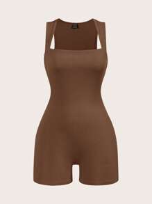 SHEIN BASICS 2 件套休闲纯色针织修身连体裤无袖女款 - 棕色 - 查看 4