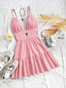 Soleia Robe nuisette à volants sans dos de couleur unie pour femmes, style décontracté et vacances, été - Rose bonbon - Voir 3