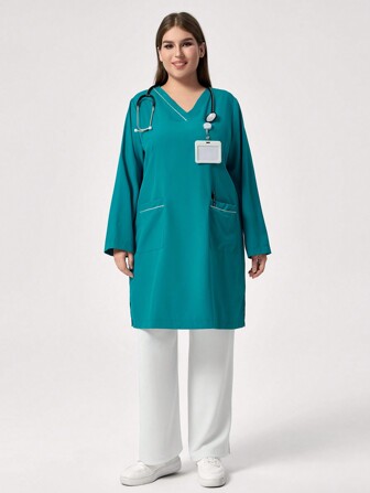 SHEIN TaskFit Abito lungo da infermiera con scollo a V semplice, maniche lunghe e ampio, con due tasche, per l'autunno, in taglie comode