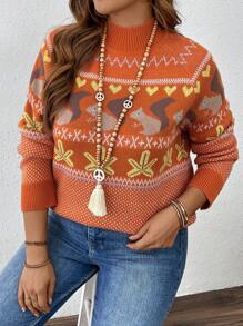 SHEIN LUNE Plus Size Women's Squirrel Pattern Crew Neck Raglan Sleeve Casual Pullover Sweater, Autumn/Winter Knit Pullover Fall Sweater - Orange - View 6