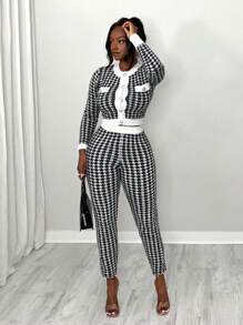 BamGleam Nuevo conjunto de 2 piezas de suéter de punto de pata de gallo negro y blanco para mujer, con botones metálicos, bolsillos falsos, escote redondo, manga larga, ajuste sexy, elegante y lujoso para otoño/invierno