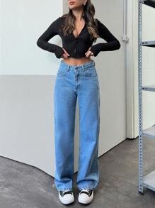 EURMUSE Jeans droits à la taille haute, style décontracté, avec poches simples - Jean clair - Voir 3