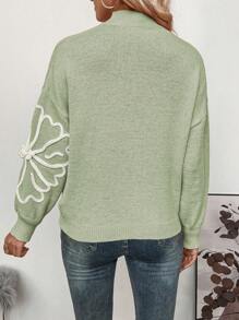 SHEIN LUNE Women Casual Embroidery Floral Pattern Stand Collar Batwing Loose Sweater - Multicolor - View 2