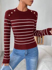 SHEIN Clasi Áo len tay raglan kẻ sọc Colorblock cỡ lớn, thường ngày cho mùa thu/đông - Màu Đỏ Sâu - Xem 7