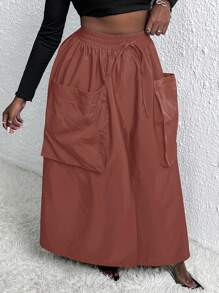 Slaydiva Plus Size Women Casual Solid Color Drawstring Waist Patchwork Big Pocket High Slit Super Long Skirt - Burgundy - View 3