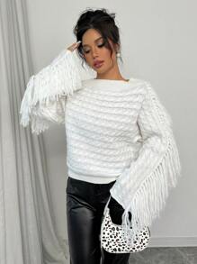 Chiquease 1 chiếc áo len nữ dáng rộng có dây rút và tua rua, thích hợp mặc mùa thu/đông. - trắng - Xem 4