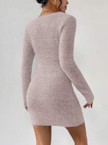 Chiquease Solid Color Fleece Round Neck Elegant Long Sleeve Sweater Dress