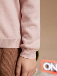 PrepCrw Young Girl Casual Solid Color V-Neck Bow Decor Loose Pullover Sweater