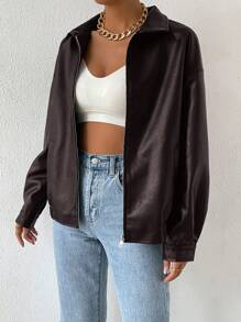 SHEIN EZwear Drop Shoulder Zip Up PU Cropped Leather Jacket In Fall/Winter