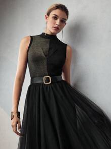 MOTF PREMIUM GLITTER MOCK NECK FOLD PLEATED SLIM FIT KNIT TOP - Black - View 4