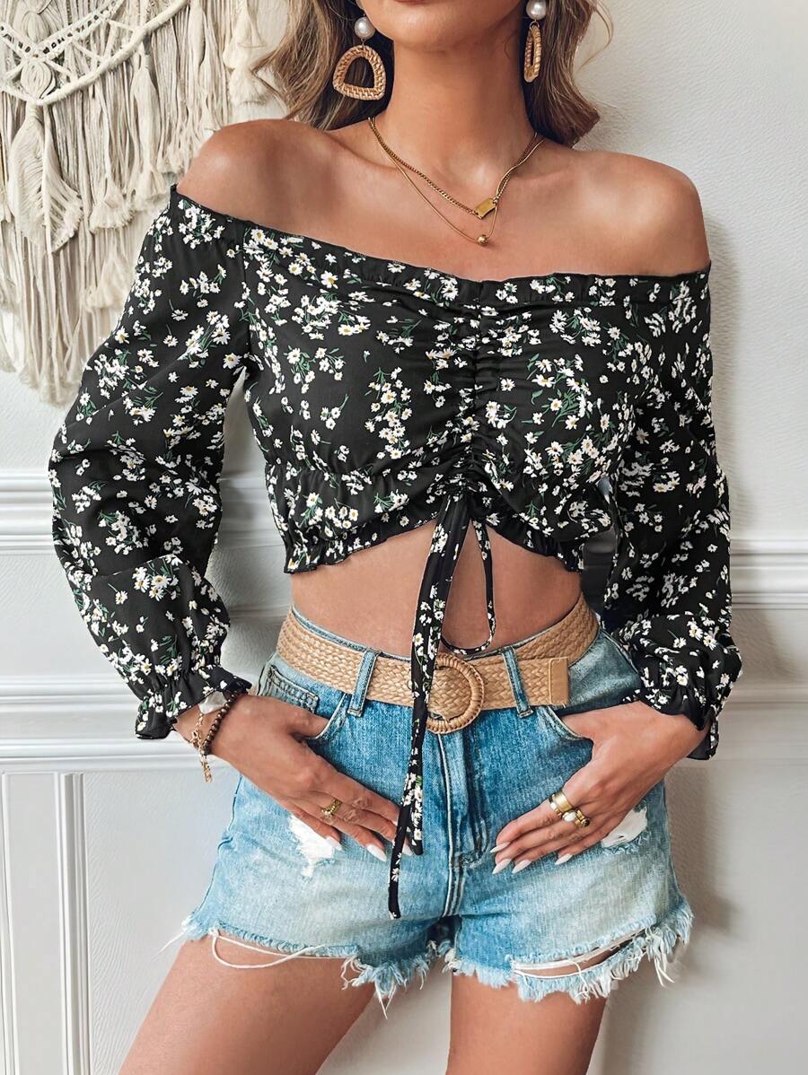 SHEIN VCAY Áo cánh hở vai buộc vạt phía trước in họa tiết hoa lãng mạn cho nữ, mùa thu/đông - Nhiều màu - Xem 1