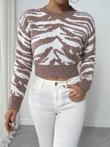 Chiquease Women's Round Neck Long Sleeve Simple Knitted Sweater, Casual Daily Wear Fall Winter - Brown - View 3