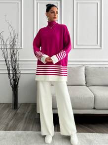 EURMUSE Women Stripe Pattern High Neck Drop Shoulder Pullover & Sweater Pants Set - Multicolor - View 5
