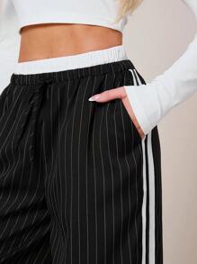 SHEIN SXY Quần áo mùa thu cho phụ nữ; Quần áo công sở cho phụ nữ; Quần áo mùa thu đông lạnh in họa tiết sọc cho phụ nữ, quần dài thường ngày có túi chun ở eo - màu đen - Xem 4