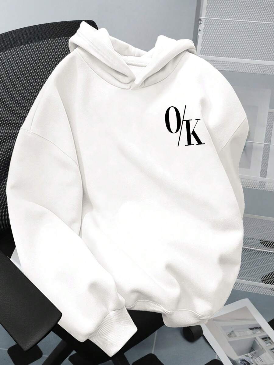 SHEIN Leap Crew OK, Vibe, Teen Boy Casual Minimalist Style Long Sleeve Sweatshirt, Thick Fabric For Autumn/Winter - White - View 1