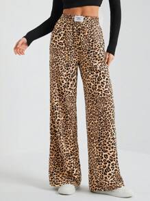 SHEIN Tall Quần ống rộng nữ kiểu dáng đường phố, chất liệu dệt họa tiết da báo. - Nhiều màu - Xem 4