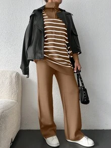 EURMUSE 女士半拉鍊條紋針織衫和針織褲二件套裝 - 米色 - 查看 3