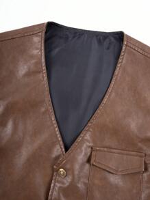 Manfinity Homme 男士纯色单排扣 V 领休闲 PU 皮背心，秋季