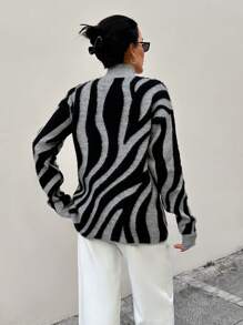 RueChic Women Zebra Print High Neck Brushed Pullover, Casual For Daily Wear - Black and White - View 4